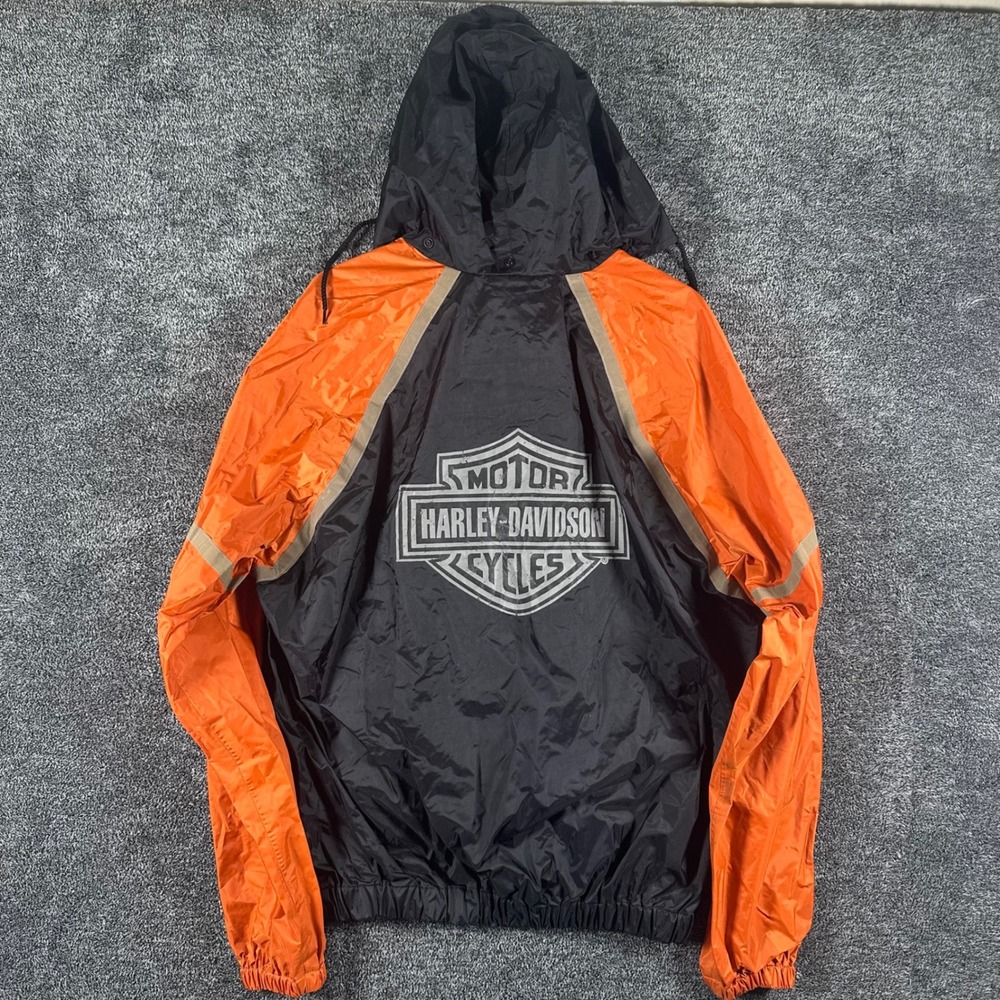 Harley-Davidson Rain Jacket Mens M Jacket Black Orange Graphic Hooded Biker Moto